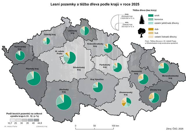 Kartogram: Lesn� pozemky a t�ba d�eva podle kraj� v roce 2025