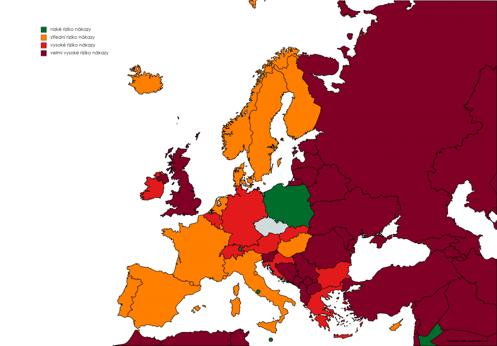 Seznam zem podle mry rizika nkazy, kter bude inn od pondl 11. jna