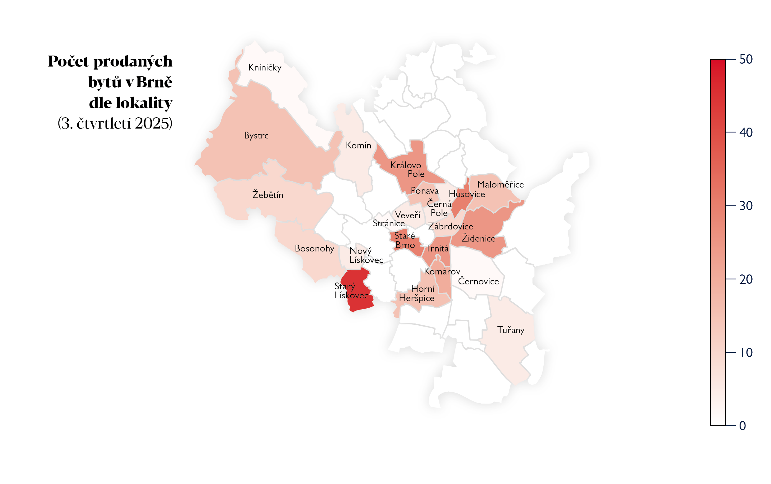 Počet prodaných bytů v Brně dle lokality Q3 2025