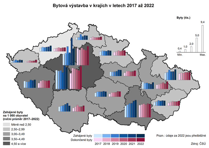 Kartogram: Bytová výstavba v krajích v letech 2017 až 2022