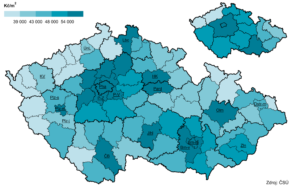 Kartogram 1 Pr�m�rn� kupn� ceny byt� v okresech a kraj�ch, 2022-2024