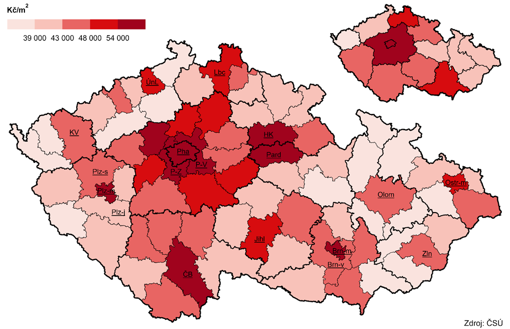 Kartogram 2 Pr�m�rn� kupn� ceny rodinn�ch dom� v okresech a kraj�ch, 2022-2024