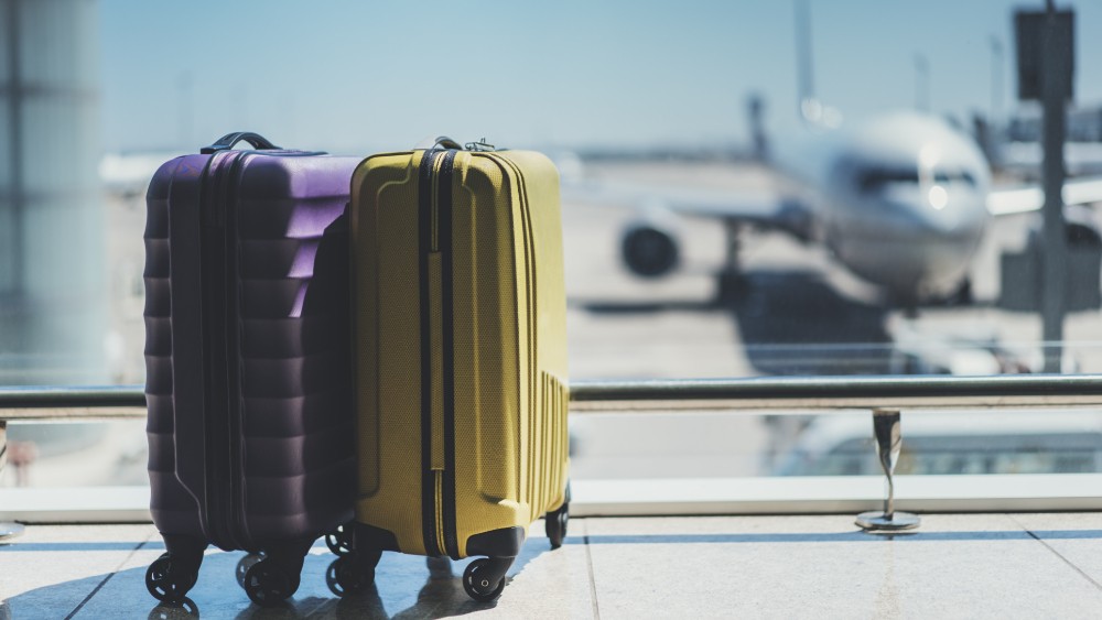 Two suitcases in an airport, with a plane in the background.