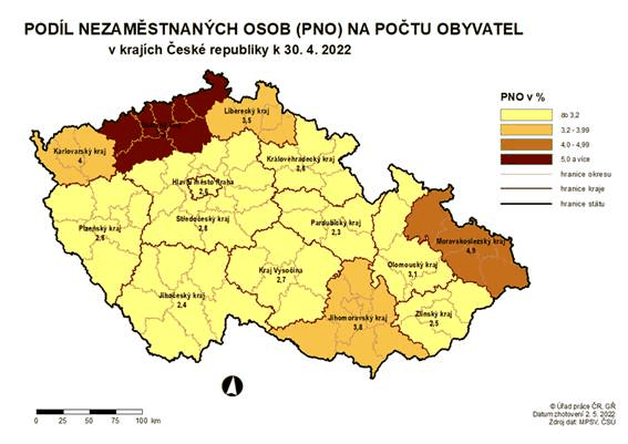 Podl nezamstnanch osob na potu obyvatel v krajch R k 30. 4. 2022