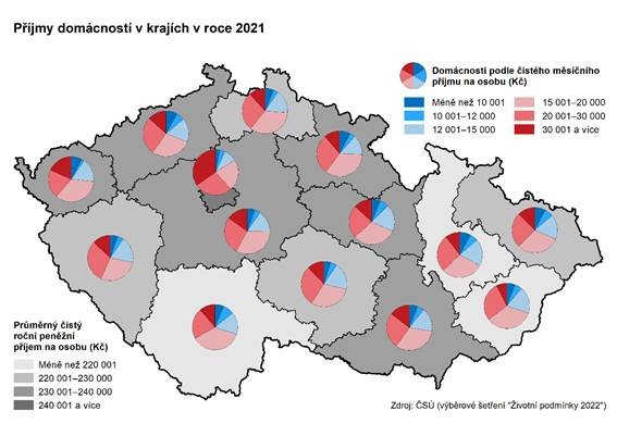 Kartogram Pjmy domcnost podle kraj v roce 2021