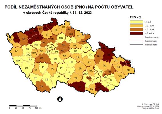 Podl nezamstnanch osob na potu obyvatel v okresech R k 31. 12. 2023