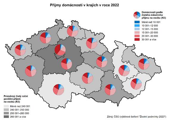 Kartogram Pjmy domcnost podle kraj v roce 2022