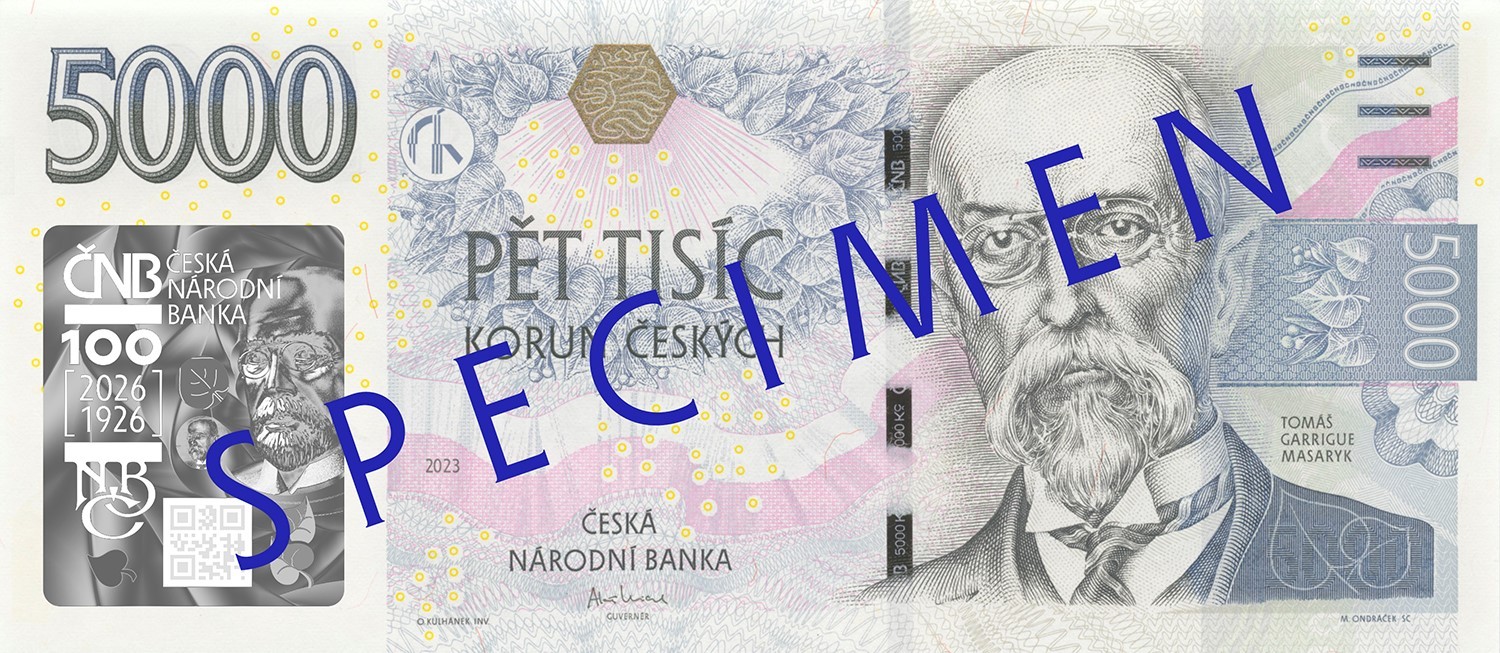 Bankovka 5 000 Kč s přítiskem k 100. výročí zahájení činnosti Národní banky Československé
