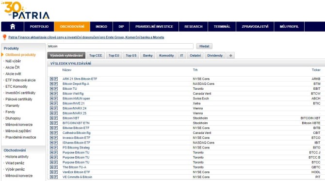Tabulka: Monosti investice do bitcoinu skrze ETF v obchodn platform Patria Finance