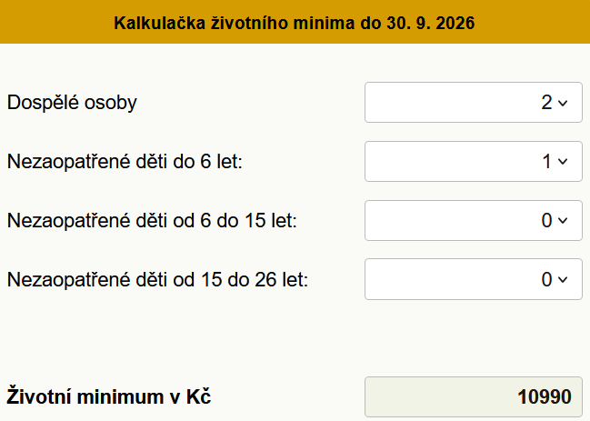 Kalkula�ka �ivotn� minimum do 30. 9. 2026
